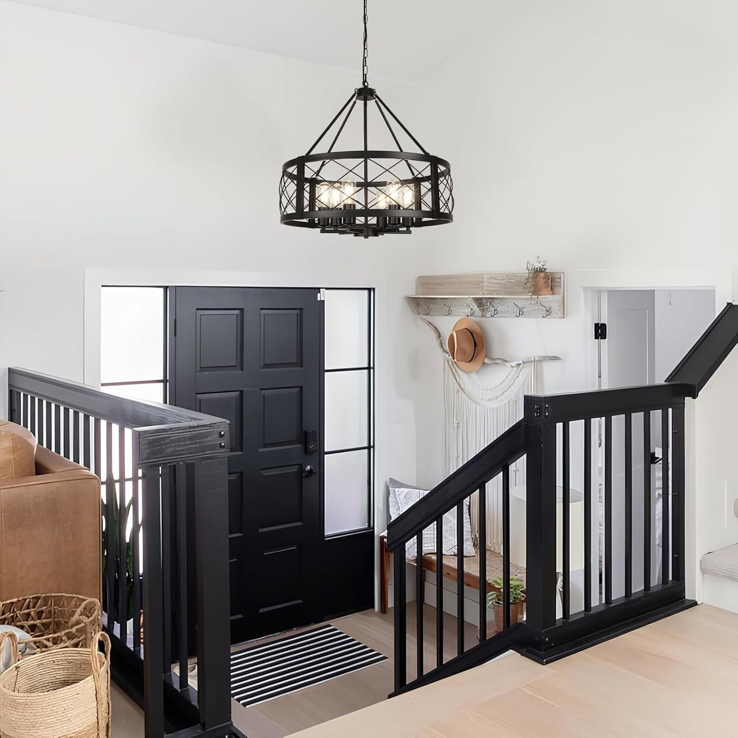 6 Light Black Rustic Drum Chandelier For Dining Room