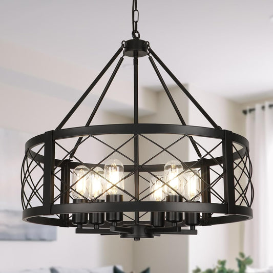 6 Light Black Rustic Drum Chandelier For Dining Room